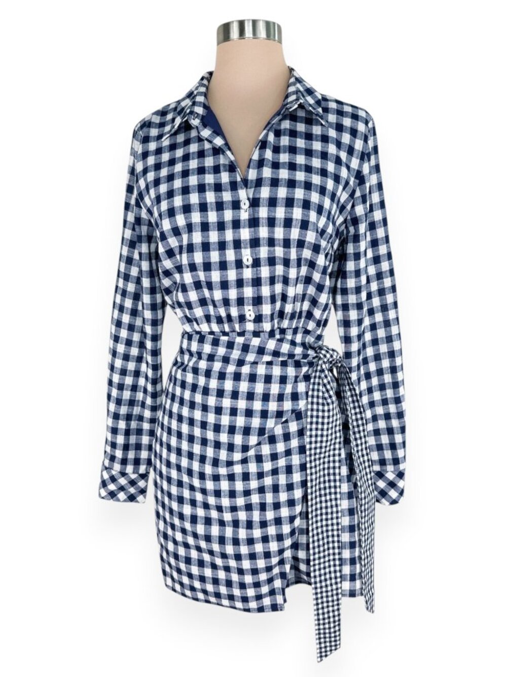 L'Academie Navy White Check Plaid Pattern Wrap Skirt Shirt Dress New NWOT M - Picture 2 of 5